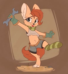 Size: 863x937 | Tagged: safe, artist:rexyseven, oc, oc only, oc:rusty gears, species:anthro, species:fennec fox, belly, belly button, clothing, cute, ear fluff, eyebrows, freckles, gloves, heterochromia, looking at you, ocbetes, shirt, shorts, socks, solo, species swap, striped socks, tongue out, wrench