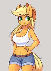 Size: 800x1120 | Tagged: safe, artist:handgunboi, character:applejack, species:anthro, species:earth pony, species:pony, g4, applejack's hat, belly button, belt, big breasts, breasts, busty applejack, cleavage, clothing, cowboy hat, eyebrows, eyebrows visible through hair, eyelashes, female, freckles, gray background, hand, hand on hip, hat, hips, looking sideways, mare, shorts, simple background, smiling, solo, stetson, tank top
