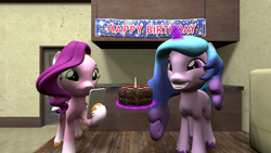 Size: 3413x1920 | Tagged: safe, artist:westrail642fan, character:izzy moonbow, character:pipp petals, species:pegasus, species:pony, species:unicorn, g4, g5, 3d, birthday, cake, food, g5 to g4, generation leap, gradient hair, multicolored hair, phone, pipp wings, source filmmaker