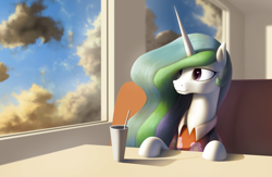 Size: 2558x1663 | Tagged: safe, artist:suhar, character:princess celestia, species:alicorn, species:pony, g4, cafe, clothing, cloud, female, hair over one eye, hawaiian shirt, horn, mare, multicolored hair, shirt, sitting, sky, solo, table, three quarter view