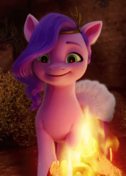 Size: 430x600 | Tagged: safe, screencap, character:pipp petals, species:pegasus, species:pony, g5, my little pony: a new generation, adorapipp, animated, beautiful, campfire, cropped, cute, female, fire, gif, mare, pipp wings, smiling, solo