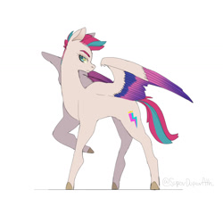 Size: 1301x1301 | Tagged: safe, alternate version, artist:superduperath, character:zipp storm, species:pegasus, species:pony, g5, colored eyebrows, colored hooves, colored wings, eyebrows, female, hooves, mare, multicolored wings, profile, raised hoof, signature, simple background, solo, spread wings, unshorn fetlocks, white background, wings