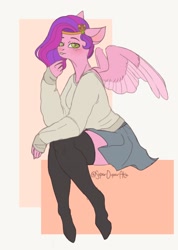 Size: 1030x1448 | Tagged: safe, artist:superduperath, character:pipp petals, species:anthro, species:pegasus, species:unguligrade anthro, g5, my little pony: a new generation, abstract background, blushing, circlet, clothing, colored eyebrows, eyebrows, female, headband, looking at you, mare, pipp wings, signature, sitting, skirt, socks, solo, spread wings, stockings, sweater, thigh highs, wings