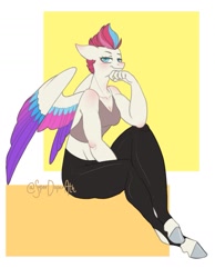 Size: 923x1189 | Tagged: safe, artist:superduperath, character:zipp storm, species:anthro, species:pegasus, species:unguligrade anthro, g5, my little pony: a new generation, abstract background, clothing, colored eyebrows, colored hooves, colored wings, eyebrows, female, floppy ears, hooves, leggings, looking at you, mare, multicolored wings, signature, simple background, sitting, solo, tank top, three quarter view, unshorn fetlocks, wings
