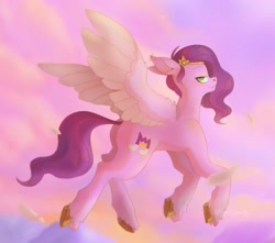 Size: 2296x2031 | Tagged: safe, artist:superduperath, character:pipp petals, species:pegasus, species:pony, g5, my little pony: a new generation, butt, circlet, colored hooves, cutie mark, feather, female, flying, high res, hooves, lidded eyes, looking at you, mare, pipp wings, pippbutt, plot, profile, sky, solo, spread wings, unshorn fetlocks, wings