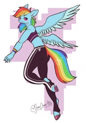 Size: 1109x1594 | Tagged: safe, artist:superduperath, character:rainbow dash, species:anthro, species:pegasus, species:unguligrade anthro, g4, abstract background, ass, butt, clothing, colored hooves, colored wings, cute, cutie mark, cutie mark on clothes, ear piercing, earring, eyebrows, eyebrows visible through hair, hooves, jewelry, looking at you, midriff, multicolored wings, piercing, signature, simple background, spread wings, three quarter view, two toned wings, wings, workout outfit