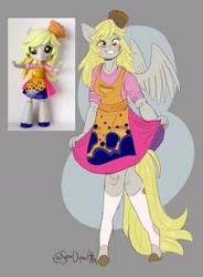 Size: 1361x1854 | Tagged: safe, artist:superduperath, character:derpy hooves, species:anthro, species:pegasus, species:unguligrade anthro, g4, my little pony:equestria girls, abstract background, alternative cutie mark placement, apron, clothing, colored hooves, cute, cutie mark, derpabetes, doll, dress, equestria girls minis, female, food, hooves, mare, muffin, signature, simple background, smiling, socks, solo, toy, toy interpretation, unshorn fetlocks