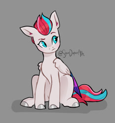 Size: 1005x1080 | Tagged: safe, artist:superduperath, character:zipp storm, species:pegasus, species:pony, g5, my little pony: a new generation, adorazipp, colored eyebrows, colored hooves, colored wings, cute, eyebrows, female, gray background, hooves, looking sideways, mare, multicolored wings, raised eyebrow, signature, simple background, sitting, solo, unshorn fetlocks, wings