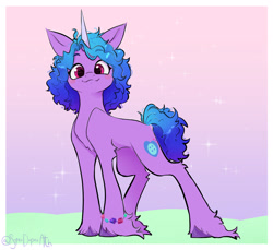 Size: 2492x2283 | Tagged: safe, artist:superduperath, character:izzy moonbow, species:pony, species:unicorn, g5, abstract background, alternate hairstyle, blushing, bracelet, colored eyebrows, colored hooves, cute, eyebrows, eyebrows visible through hair, female, front view, full face view, gradient background, gradient mane, gradient tail, hooves, izzybetes, jewelry, looking at you, mare, multicolored hair, signature, smiling, solo, sparkles, unshorn fetlocks