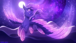 Size: 1920x1080 | Tagged: safe, artist:shad0w-galaxy, oc, oc only, oc:shadow galaxy, species:pegasus, species:pony, colored wings, explicit source, female, flying, full moon, mare, moon, multicolored wings, night, open mouth, sky, solo, stars, surreal, tail, wings