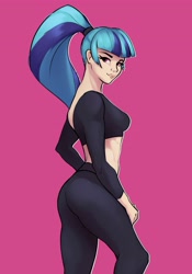 Size: 2854x4077 | Tagged: safe, artist:aquaticvibes, character:sonata dusk, species:human, g4, my little pony:equestria girls, butt, clothing, eyebrows, eyelashes, female, from behind, humanized, lips, looking at you, looking back, looking back at you, pants, red background, shirt, simple background, smiling, solo, species swap