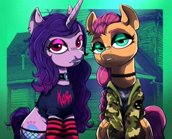 Size: 2389x1939 | Tagged: safe, artist:swagstapiece, character:izzy moonbow, character:sunny starscout, species:earth pony, species:pony, species:unicorn, g5, camouflage, choker, clothing, dilapidated house, eyeshadow, fishnet clothing, frowny face, goth, goth izzy, gradient hair, jewelry, korn, makeup, multicolored hair, necklace, photoshop, piercing, shirt, socks, striped socks, t-shirt, torn clothes