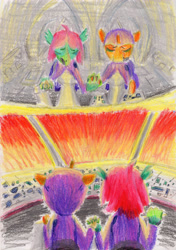 Size: 4000x5688 | Tagged: safe, artist:teakay-c-ii-r, oc, oc only, species:pony, species:unicorn, atmospheric entry, coloured pencil, coloured pencil drawing, doomed, flightsuit, hippogriff oc, holding hands, pink hair, spaceship