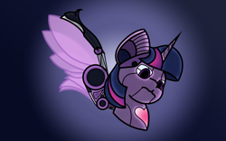 Size: 2800x1752 | Tagged: safe, artist:melodysketch, parent:twilight sparkle, species:alicorn, species:pony, artificial wings, augmented, glowing eyes, glowing mane, gradient background, heart, looking down, mechanical wing, offspring, robot, robot pony, shading, solo, wings