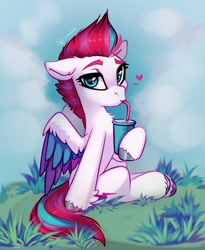 Size: 1599x1950 | Tagged: safe, artist:taneysha, character:zipp storm, species:pegasus, species:pony, g5, adorazipp, chest fluff, colored eyebrows, colored hooves, colored wings, cute, drink, drinking, drinking straw, eyebrows, female, floppy ears, grass, heart, hoof hold, hooves, looking at you, mare, multicolored hair, signature, sitting, solo, straw, tail, three quarter view, unshorn fetlocks, wings
