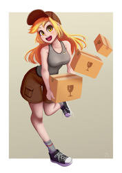 Size: 706x1000 | Tagged: safe, artist:the-park, character:derpy hooves, species:human, g4, blonde hair, box, breasts, busty derpy hooves, cargo shorts, clothing, cute, derpabetes, fragile, gradient background, happy, hat, looking at you, mailmare, package, parcel, shoes, smiling, smiling at you, sneakers, socks, solo, tank top, white border, yellow eyes