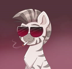 Size: 3067x2939 | Tagged: safe, artist:confetticakez, oc, oc only, species:zebra, aviators, cigarette, eyebrows, gradient background, looking at you, male, red background, simple background, smoking, solo, sunglasses