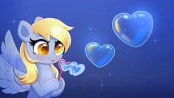 Size: 3840x2160 | Tagged: safe, artist:confetticakez, character:derpy hooves, species:pegasus, species:pony, g4, abstract background, bubble, bubble wand, cute, derpabetes, eyelashes, female, floating heart, heart, mare, solo, spread wings, wings