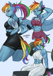 Size: 1754x2480 | Tagged: safe, artist:nire, character:rainbow dash, species:anthro, species:pegasus, g4, alternate hairstyle, ambiguous facial structure, arm behind head, armpits, ass, athletic, back muscles, barbell, belly button, bench press, biceps, blushing, bra, breasts, butt, clothing, cutie mark, cutie mark on clothes, female, fingerless gloves, fit, flexing, gloves, hair tie, halter top, hamstrings, hand, hand on hip, hips, leggings, looking at you, looking back, looking back at you, midriff, muscles, muscular female, pants, ponytail, pose, quadriceps, rainbuff dash, rainbutt dash, sexy, short hair, shorts, small breasts, solo, spats, sports bra, sports shorts, spread wings, stupid sexy rainbow dash, tattoo, thighs, thunder thighs, tight clothing, tomboy, underwear, weights, wide hips, wings, workout outfit, yoga pants