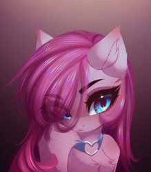 Size: 2725x3114 | Tagged: safe, artist:shenki, character:pinkamena diane pie, character:pinkie pie, species:earth pony, species:pony, g4, chest fluff, collar, explicit source, eye clipping through hair, eyebrows, eyebrows visible through hair, female, gradient background, looking at you, mare, simple background, solo, straight hair