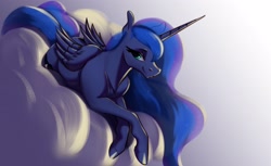 Size: 3414x2093 | Tagged: safe, artist:aquaticvibes, character:princess luna, species:alicorn, species:pony, g4, cloud, colored hooves, cute, ethereal mane, eyelashes, female, folded wings, galaxy mane, hooves, horn, looking sideways at you, lunabetes, mare, smiling, solo, wings
