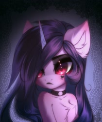 Size: 2363x2811 | Tagged: safe, artist:shenki, character:izzy moonbow, species:pony, species:unicorn, g5, abstract background, chest fluff, choker, ear fluff, explicit source, eyebrows, goth, goth izzy, gradient hair, horn, jewelry, looking sideways, multicolored hair, necklace, simple background, solo, tattoo