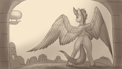 Size: 3840x2160 | Tagged: safe, alternate version, artist:tenebrisnoctus, character:zipp storm, species:pegasus, species:pony, g5, my little pony: a new generation, airship, archway, big wings, bipedal, butt, city, cityscape, cloud, dock, female, from behind, hooves, looking away, mare, monochrome, plot, rear view, rearing, sepia, smiling, solo, spread wings, standing on two hooves, tail, underhoof, unshorn fetlocks, wings, zephyr heights, zippbutt