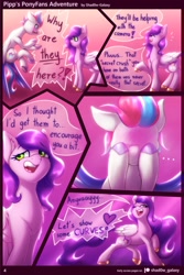 Size: 1280x1920 | Tagged: safe, artist:shad0w-galaxy, character:pipp petals, character:zipp storm, species:pegasus, species:pony, comic:pipp's ponyfans adventure, g5, blushing, blushing profusely, comic, cutie mark, dialogue, duo, duo female, embarrassed, explicit series, explicit source, eyebrows, eyelashes, female, females only, floppy ears, flying, folded wings, implied bisexual, implied thunder, implied zoom zephyrwing, looking sideways, open mouth, pipp wings, spread wings, text, wings