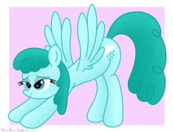 Size: 3680x2808 | Tagged: safe, artist:rainbowšpekgs, character:spring melody, species:pegasus, species:pony, g4, butt, cutie mark, explicit source, eyebrows, eyelashes, face down ass up, female, iwtcird, lidded eyes, mare, meme, simple background, solo, spread wings, stretching, wings