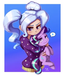Size: 857x1000 | Tagged: safe, artist:the-park, character:starlight glimmer, character:trixie, species:human, species:pony, species:unicorn, g4, alternate hairstyle, babysitter trixie, blue background, blushing, clothing, duo, duo female, eyebrows, eyelashes, female, females only, gameloft interpretation, hoodie, horn, hug, humanized, mare, pigtails, simple background, size difference, species swap, tail, twintails