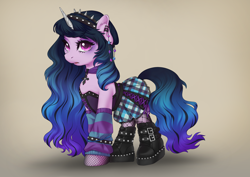 Size: 3508x2480 | Tagged: safe, artist:taytinabelle, character:izzy moonbow, species:pony, species:unicorn, g5, boots, bracelet, buckle, chest fluff, choker, clothing, corset, ear fluff, ear piercing, earring, eyeshadow, female, fishnet clothing, fishnets, goth, goth izzy, gradient background, gradient hair, headband, hot topic, jewelry, looking at you, makeup, mare, multicolored hair, necklace, open mouth, piercing, plaid skirt, platform boots, raised hoof, scene, shoes, simple background, skirt, solo, spiked headband, stockings, studded bracelet, tan background, thigh highs, three quarter view, wristband