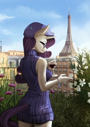 Size: 2300x3253 | Tagged: safe, alternate version, artist:fidzfox, character:rarity, species:alicorn, species:anthro, species:pony, g4, alcohol, beret, bracelet, cityscape, clothing, cloud, day, drink, eiffel tower, explicit source, eyebrows, eyelashes, flower, french, glass, hat, horn, jewelry, paris, red wine, sky, solo, sunglasses, sweater, tail, translated in the comments, wine, wine glass, wristband