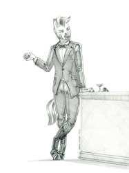 Size: 1000x1336 | Tagged: safe, artist:baron engel, patreon reward, oc, oc only, species:anthro, species:unguligrade anthro, species:zebra, boots, bow tie, business suit, clothing, cocktail, cocktail glass, dice, explicit source, grimdark source, jacket, male, mohawk, open mouth, pants, shirt, shoes, solo