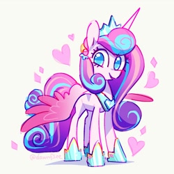 Size: 1390x1390 | Tagged: safe, artist:dawnfire, character:princess flurry heart, species:alicorn, species:pony, g4, clothing, crown, cute, eyelashes, female, floating heart, flurrybetes, gameloft interpretation, heart, hoof shoes, horn, jewelry, looking at you, mare, regalia, shoes, simple background, smiling, solo, spread wings, wings