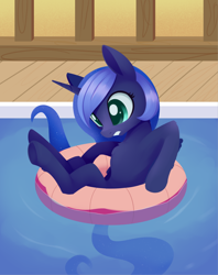 Size: 1778x2247 | Tagged: safe, artist:dusthiel, character:princess luna, species:alicorn, species:pony, newbie artist training grounds, g4, atg 2022, colored pupils, cute, female, filly, filly luna, inflatable, inner tube, lunabetes, solo, stuck, swimming pool, three quarter view, woona, young, younger