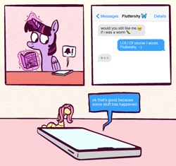 Size: 1200x1128 | Tagged: safe, artist:horsewizardart, character:fluttershy, character:twilight sparkle, character:twilight sparkle (alicorn), species:alicorn, species:pony, species:worm, g4, book, cellphone, comic, dialogue, duo, emoji, female, glowing horn, implied transformation, levitation, magic, magic aura, mare, notification, phone, smartphone, smiling, species swap, telekinesis, texting, wat, worm