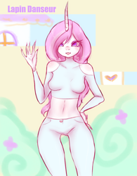 Size: 2024x2600 | Tagged: safe, artist:lapindanseur, character:fleur-de-lis, species:human, g4, belly button, crop top, hand, hand on hip, hips, humanized, looking at you, midriff, simple background, species swap, thigh gap