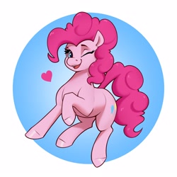 Size: 2808x2808 | Tagged: safe, artist:aquaticvibes, character:pinkie pie, species:earth pony, species:pony, g4, cutie mark, eyebrows, eyelashes, female, floating heart, heart, hooves, looking at you, mare, one hoof raised, open mouth, simple background, solo, tail, winking at you