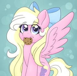 Size: 1200x1185 | Tagged: safe, artist:msaniiart, oc, oc only, oc:bay breeze, species:pegasus, species:pony, g4, abstract background, bow, cookie, cute, eye clipping through hair, eyebrows, eyebrows visible through hair, female, food, hair bow, heart eyes, holding, looking at you, mare, mouth hold, ocbetes, pegasus oc, simple background, solo, spread wings, wingding eyes, wings