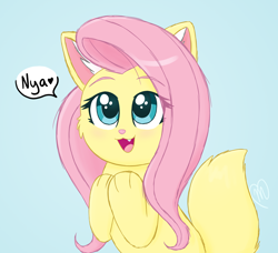 Size: 2160x1968 | Tagged: safe, artist:msaniiart, character:fluttershy, species:pegasus, species:pony, g4, blue background, cat, cat ears, catified, colored eyebrows, cute, dawwww, dialogue, eye clipping through hair, eyebrows, eyebrows visible through hair, fangs, female, fluttercat, mare, nya, open mouth, open smile, sharp teeth, shyabetes, signature, simple background, smiling, solo, speech bubble, text