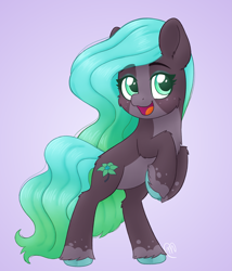 Size: 1845x2160 | Tagged: safe, artist:msaniiart, oc, oc only, oc:luminessence, species:earth pony, species:pony, g5, art trade, bipedal, chest fluff, coat markings, colored hooves, colored pupils, cute, cutie mark, ear fluff, eyebrows, eyebrows visible through hair, eyelashes, eyeshadow, female, freckles, hooves, leg fluff, long hair, looking sideways, makeup, mare, ocbetes, open mouth, purple background, rearing, signature, simple background, socks (coat marking), solo, unshorn fetlocks