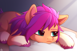 Size: 1500x1000 | Tagged: safe, artist:luminousdazzle, character:sunny starscout, species:earth pony, species:pony, g5, my little pony: a new generation, bed, bed mane, coat markings, colored eyebrows, colored hooves, cute, dishevelled, eyebrows, female, frown, gradient hooves, grumpy, hooves, lidded eyes, lying down, mare, messy mane, mood, moody, morning, morning ponies, multicolored hair, pillow, prone, signature, sleepy, socks (coat marking), solo, sunnybetes, tired, unshorn fetlocks