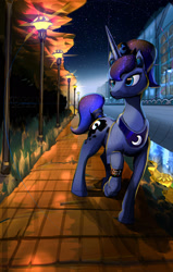 Size: 1504x2372 | Tagged: safe, artist:ciborgen, character:princess luna, species:alicorn, species:pony, g4, alternate hairstyle, bracelet, crown, female, jewelry, lamp, mare, necklace, night, peytral, raised hoof, regalia, solo, tail, tail wrap, three quarter view, wristband, wristwatch