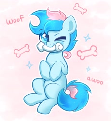 Size: 3192x3465 | Tagged: safe, artist:confetticakez, oc, oc only, oc:blue chewings, species:earth pony, species:pony, behaving like a dog, birthday gift, bone, cute, eyebrows, eyebrows visible through hair, holding, mouth hold, multicolored hair, ocbetes, one eye closed, pink background, simple background, sitting, solo