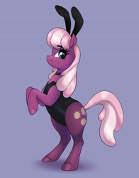 Size: 2467x3140 | Tagged: safe, artist:aquaticvibes, character:cheerilee, species:earth pony, species:pony, g4, bipedal, blue background, bunny ears, bunny suit, cheeribetes, choker, clothing, costume, cute, cutie mark, eyebrows, eyebrows visible through hair, eyelashes, female, jewelry, leotard, looking back, mare, necklace, rearing, simple background, smiling, solo, tail