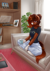 Size: 2480x3508 | Tagged: safe, artist:dandy, part of a set, oc, oc only, oc:java, species:anthro, species:earth pony, species:plantigrade anthro, species:pony, barefoot, clothing, coat markings, coffee, coffee mug, commission, couch, crossed legs, curtains, drink, explicit source, feet, female, freckles, mare, mug, pink floyd, record player, shirt, sitting, snip (coat marking), socks (coat marking), solo, steam, sweatpants, t-shirt, tail