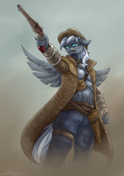 Size: 2480x3508 | Tagged: safe, artist:dandy, oc, oc only, species:anthro, species:pegasus, species:pony, armor, breastplate, cigar, clothing, commission, crossover, duster, explicit source, fallout, floppy ears, gun, handgun, hat, holster, jacket, male, pants, revolver, solo, spread wings, stallion, video game, weapon, wings