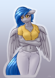 Size: 2356x3333 | Tagged: safe, alternate version, artist:dandy, oc, oc only, oc:rainstorm, species:anthro, species:pegasus, species:pony, :3, belly button, blushing, clothing, commission, crossed arms, explicit source, eyebrows, eyelashes, female, gradient background, looking at you, mare, midriff, pants, shirt, simple background, smiling, solo, spread wings, wings