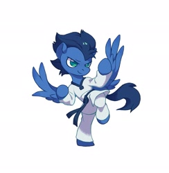 Size: 2001x2048 | Tagged: safe, alternate version, artist:tuo, oc, oc only, species:pegasus, species:pony, belt, bipedal, eyebrows, gi, male, narrowed eyes, one leg raised, semi-anthro, simple background, smiling, solo, spread wings, stallion, white background, wings