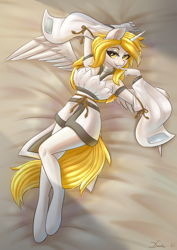 Size: 2480x3508 | Tagged: safe, artist:dandy, part of a set, oc, oc only, oc:star nai, species:alicorn, species:anthro, species:pony, species:unguligrade anthro, bed, bedroom eyes, clothing, colored eyebrows, commission, dress, explicit source, eyeshadow, female, finger in mouth, from above, horn, lidded eyes, looking at you, lying down, lying on bed, makeup, mare, solo, spread wings, tail, wings